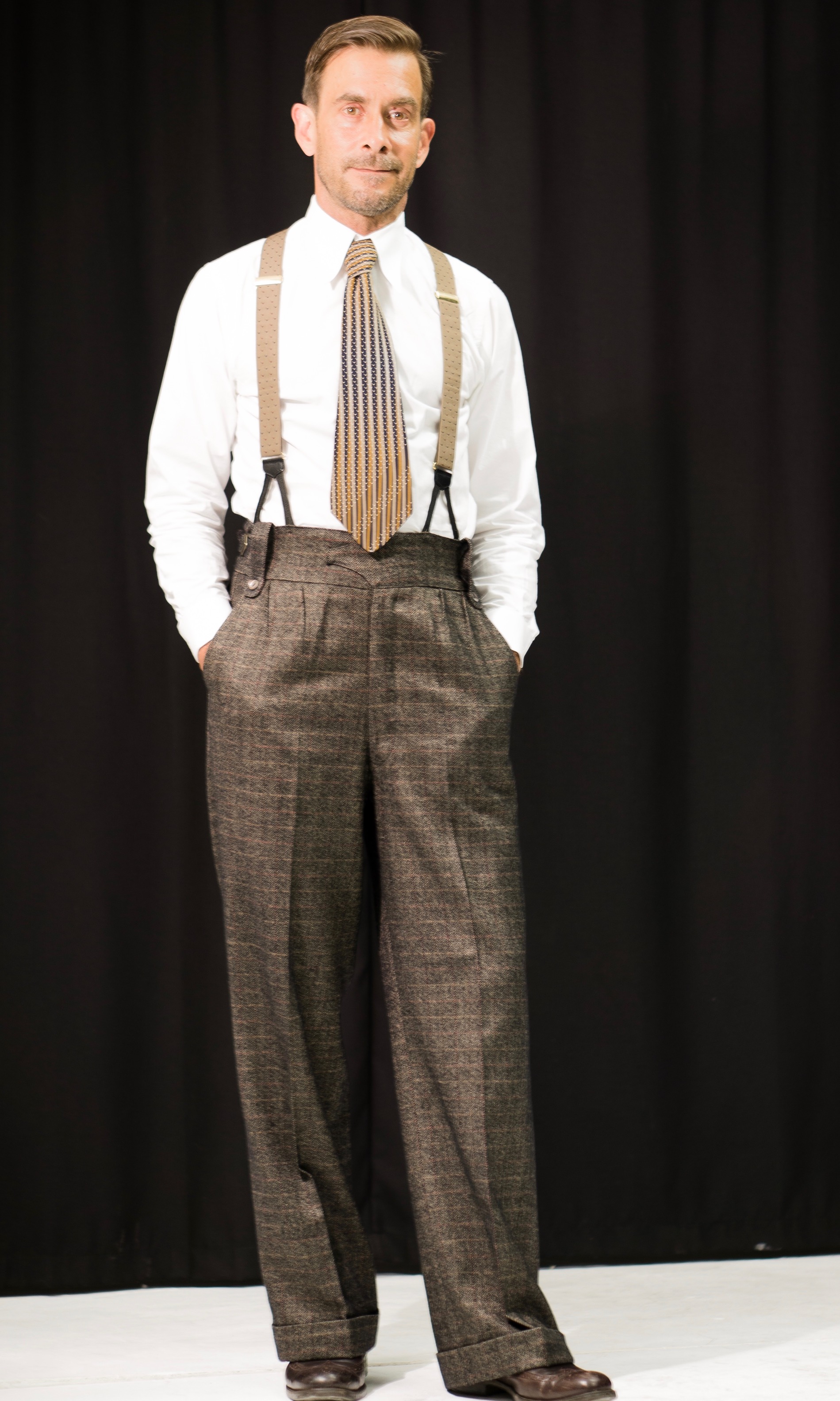 Dark Charcoal Tan Herringbone Check 1940s Oxford Bags